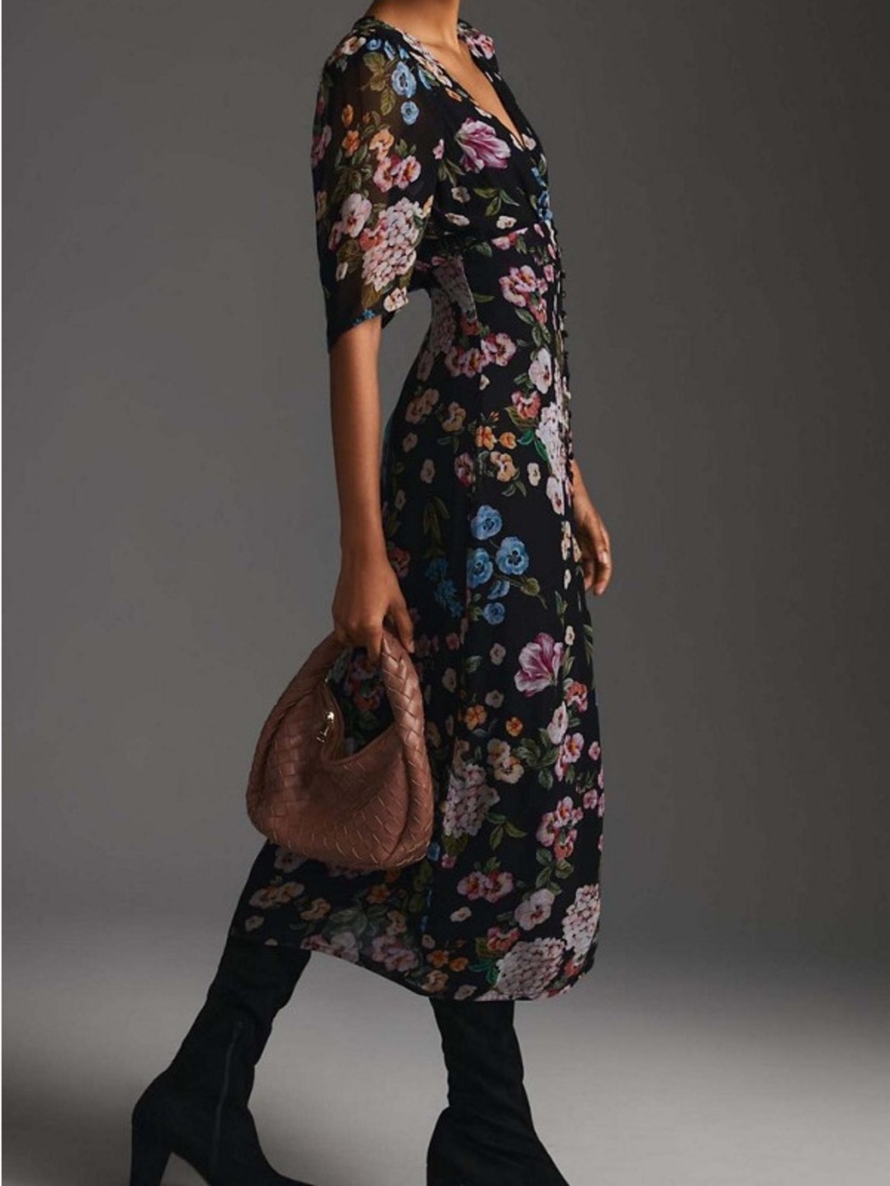 Anthropologie Maeve Floral Puff Sleeve V-Neck Black Midi Dress
